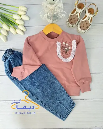 ست بلوز و شلوار دورس کالباسی شلوار جین آبی طرح جیب دانتلی