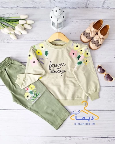 ست بلوز و شلوار سبز سدری طرح گلدار غنچه