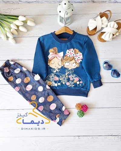 ست بلوز و شلوار سرمه ای طرح دختر دامن دار