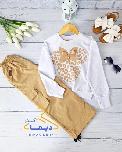 ست بلوز و شلوار سفید نسکافه ای طرح میکی موس پلنگی