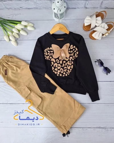ست بلوز و شلوار مشکی نسکافه ای طرح میکی موس پلنگی