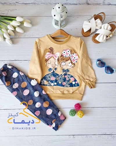 ست بلوز و شلوار نسکافه ای روشن طرح دختر دامن دار