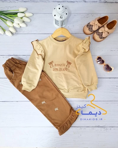 ست بلوز و شلوار نسکافه ای طرح پاپیون و دمپا چین 