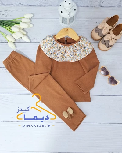 ست بلوز و شلوار کبریتی نسکافه ای طرح یقه چین گلدار