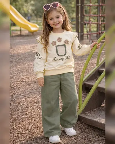 ست بلوز و شلوار کرم سبز طرح سبد گل نگینی