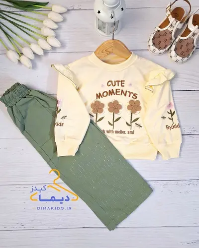 ست بلوز و شلوار کرم سبز طرح فلاور برجسته نگین