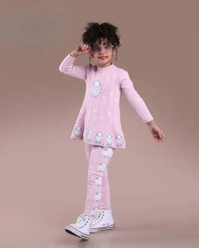 ست تونیک و ساپورت بافت صورتی طرح بره 