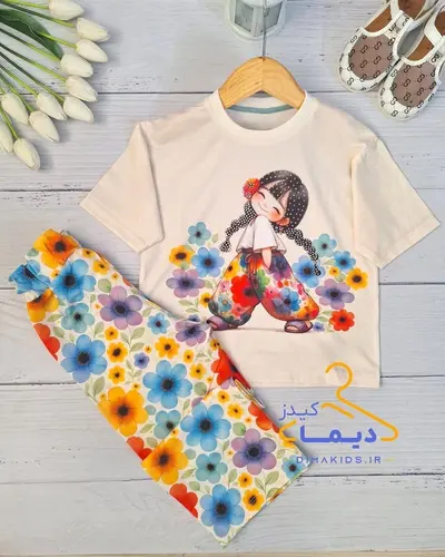 ست تیشرت و شلوار سفید طرح دختر نگین گلهای رنگی
