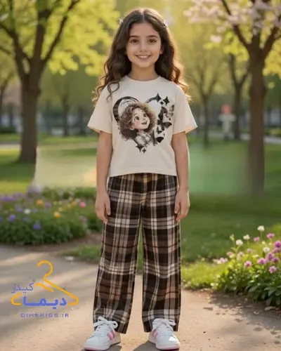 ست تیشرت و شلوار کرم قهوه ای طرح دختر پروانه ای 