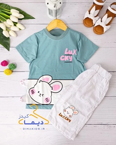 ست تیشرت و شلوارک سبز پاستیلی طرح خرگوش لوکس