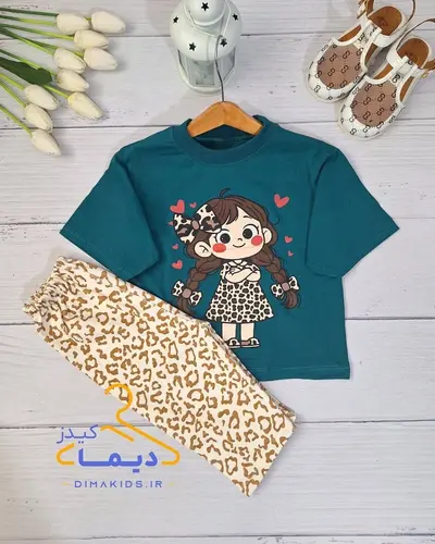 ست تیشرت و شلوارک سبز کله غازی طرح دختر پلنگی