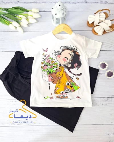 ست تیشرت و شلوارک سفید طرح دختر سبد گلدار