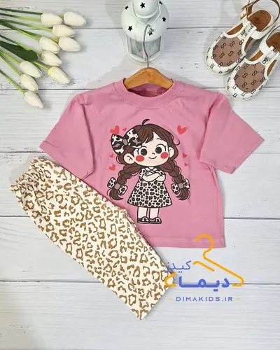 ست تیشرت و شلوارک صورتی طرح دختر پلنگی