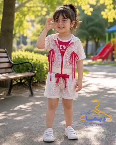 ست سه تکه بامبر و کراپ و شلوارک سفید سرخابی طرح گیپوری