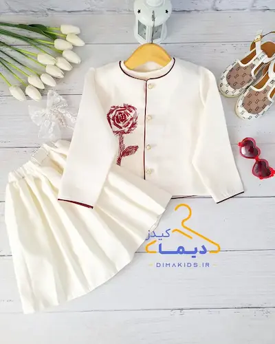 ست سه تکه کت و تاپ و دامن نباتی طرح رز گلدوزی آلبالویی