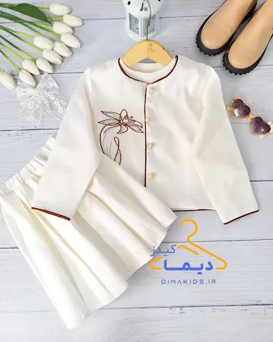 ست سه تکه کت و تاپ و دامن نباتی طرح گل لیلیوم قهوه ای