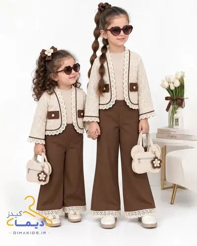 ست سه تکه کراپ و تاپ و شلوار کرم قهوه ای طرح گیپور