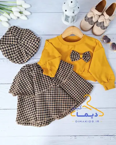 ست سه تکه کراپ و دامن و کلاه خردلی طرح پیچازی