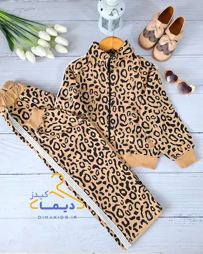 ست سوییشرت و شلوار نسکافه ای روشن طرح پلنگی