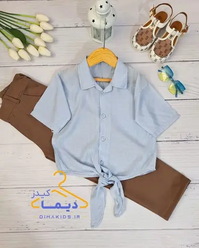 ست شومیز و شلوار آبی نسکافه ای طرح گره ای 