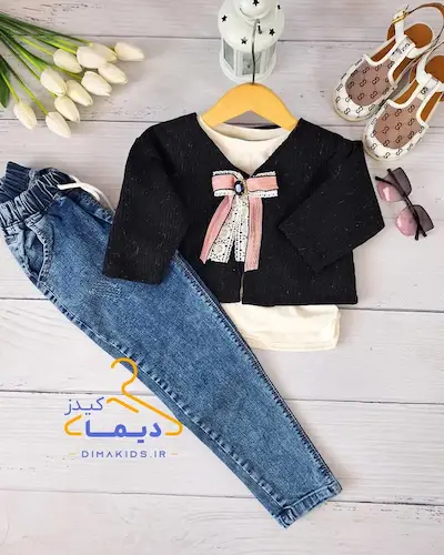 ست کت جلو باز و تاپ سفید مشکی طرح گل سینه پاپیون دار