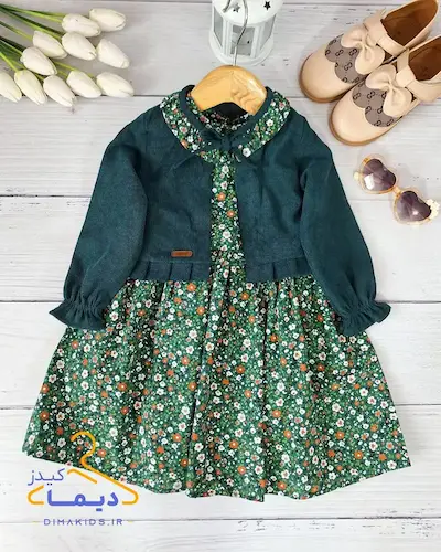 ست کت و سارافان سبز طرح پیراهن شکوفه ریز دیبا
