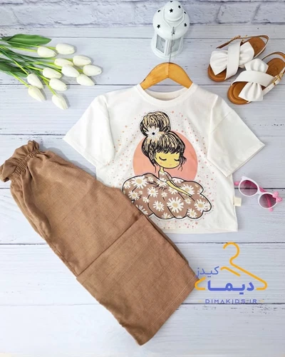 ست کراپ و شلوار سفید شکلاتی طرح دختر بابونه نگین دار