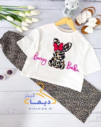 ست کراپ و شلوار سفید طرح خرگوش شلوار پلنگی