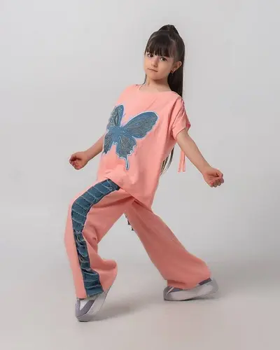 ست کراپ و شلوار صورتی طرح پروانه جین نگین دار