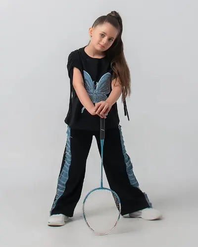 ست کراپ و شلوار مشکی طرح پروانه جین نگین دار