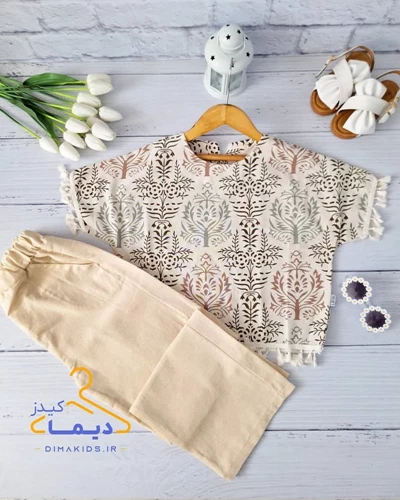 ست کراپ و شلوار لینن کرم طرح ترنج رنگی