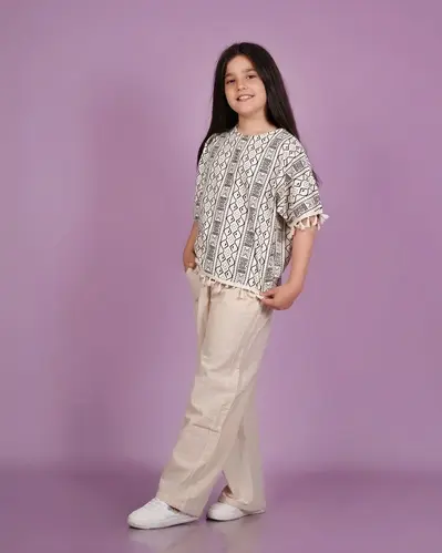 ست کراپ و شلوار لینن مشکی کرم طرح مصری