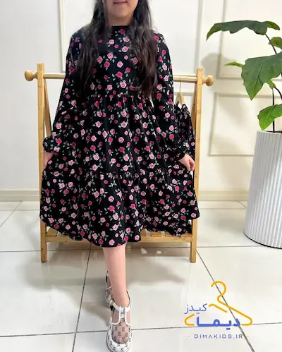 پیراهن دخترانه آستین بلند مشکی طرح رزالین