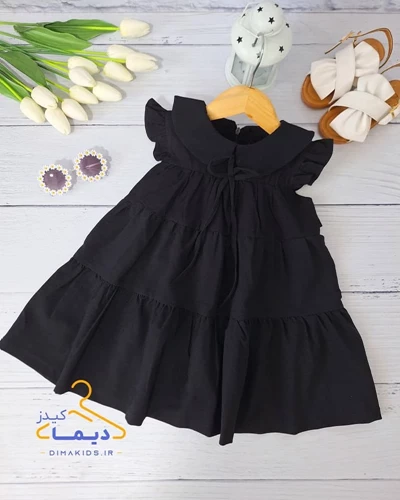 پیراهن دخترانه مشکی طرح کلوش چین دار یقه ب ب