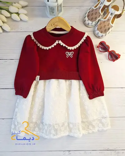 پیراهن دورس یقه ب ب آلبالویی طرح دامن دانتل شکوفه ریز پریا