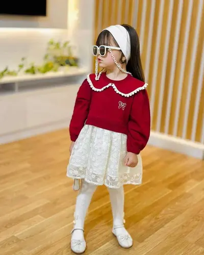 پیراهن دورس یقه ب ب آلبالویی طرح دامن دانتل شکوفه ریز پریا