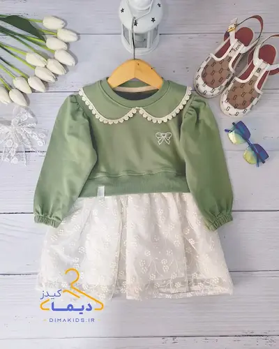 پیراهن دورس یقه ب ب سبز سدری طرح دامن دانتل شکوفه ریز پریا