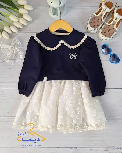 پیراهن دورس یقه ب ب سرمه ای طرح دامن دانتل شکوفه ریز پریا