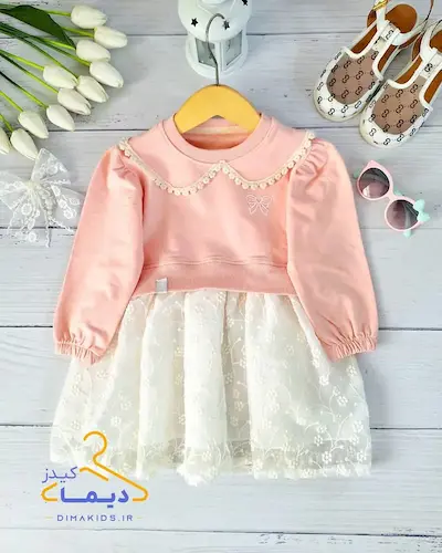 پیراهن دورس یقه ب ب صورتی طرح دامن دانتل شکوفه ریز پریا