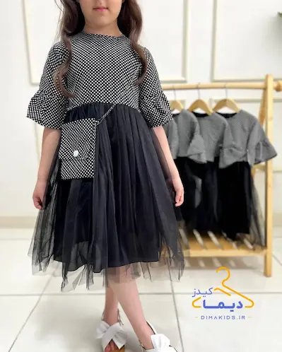 پیراهن سه تکه سفید مشکی طرح خال خالی دامن توری