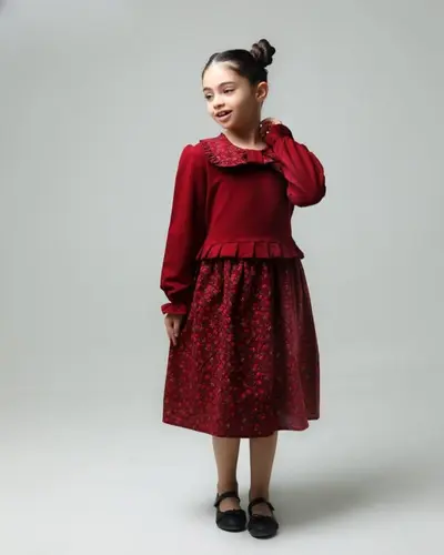 پیراهن پاییزه آلبالویی طرح یقه چین دار نسیم