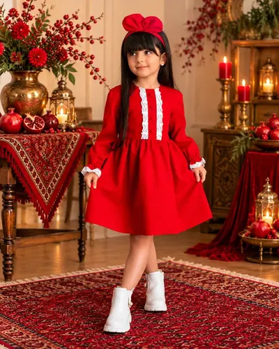 پیراهن پاییزه دخترانه قرمز طرح نارین