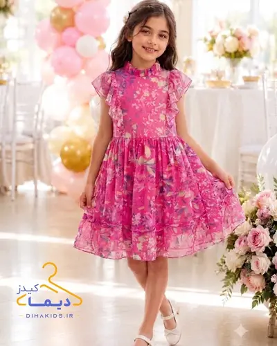 پیراهن پفی صورتی طرح گلهای آبرنگی سرخابی