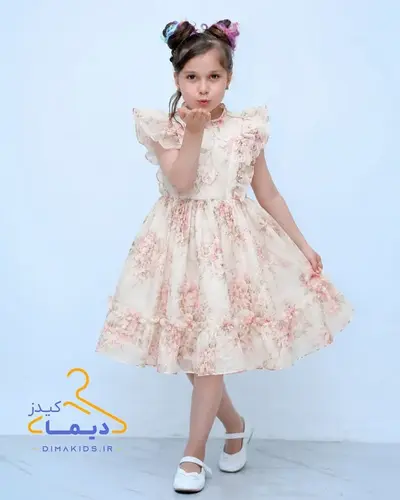 پیراهن پفی کرم طرح رزهای درشت لارا