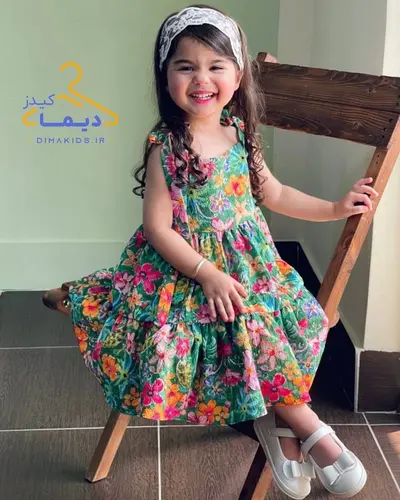پیراهن چین دار سبز طرح دشت گلهای رنگی نیکی