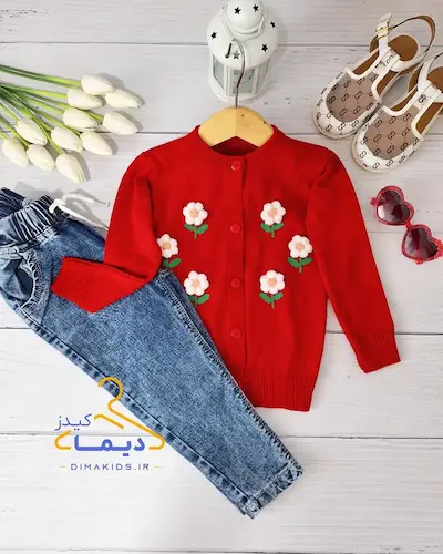 ژاکت جلو دکمه قرمز طرح گل برجسته 