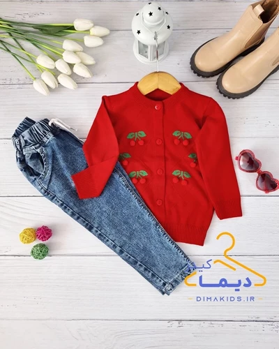 ژاکت جلو دکمه قرمز طرح گیلاس برجسته