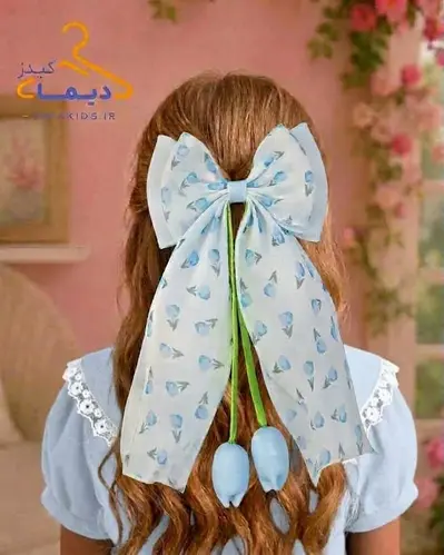 گلسر دخترانه آبی طرح پاپیون گلدار دو لایه آویز لاله