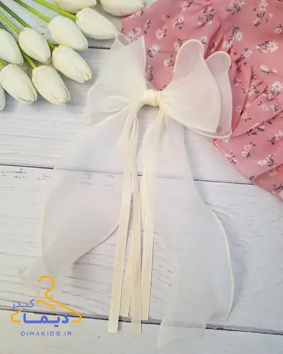 گلسر دخترانه شیری طرح پاپیونی حریر ربان دار